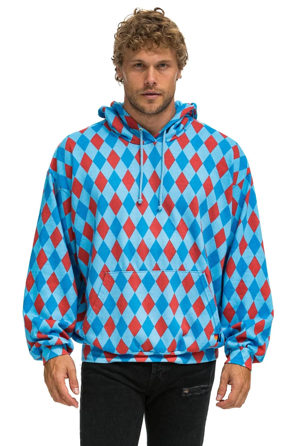 DIAMOND REPEAT SMILEY RELAXED PULLOVER HOODIE - SKY