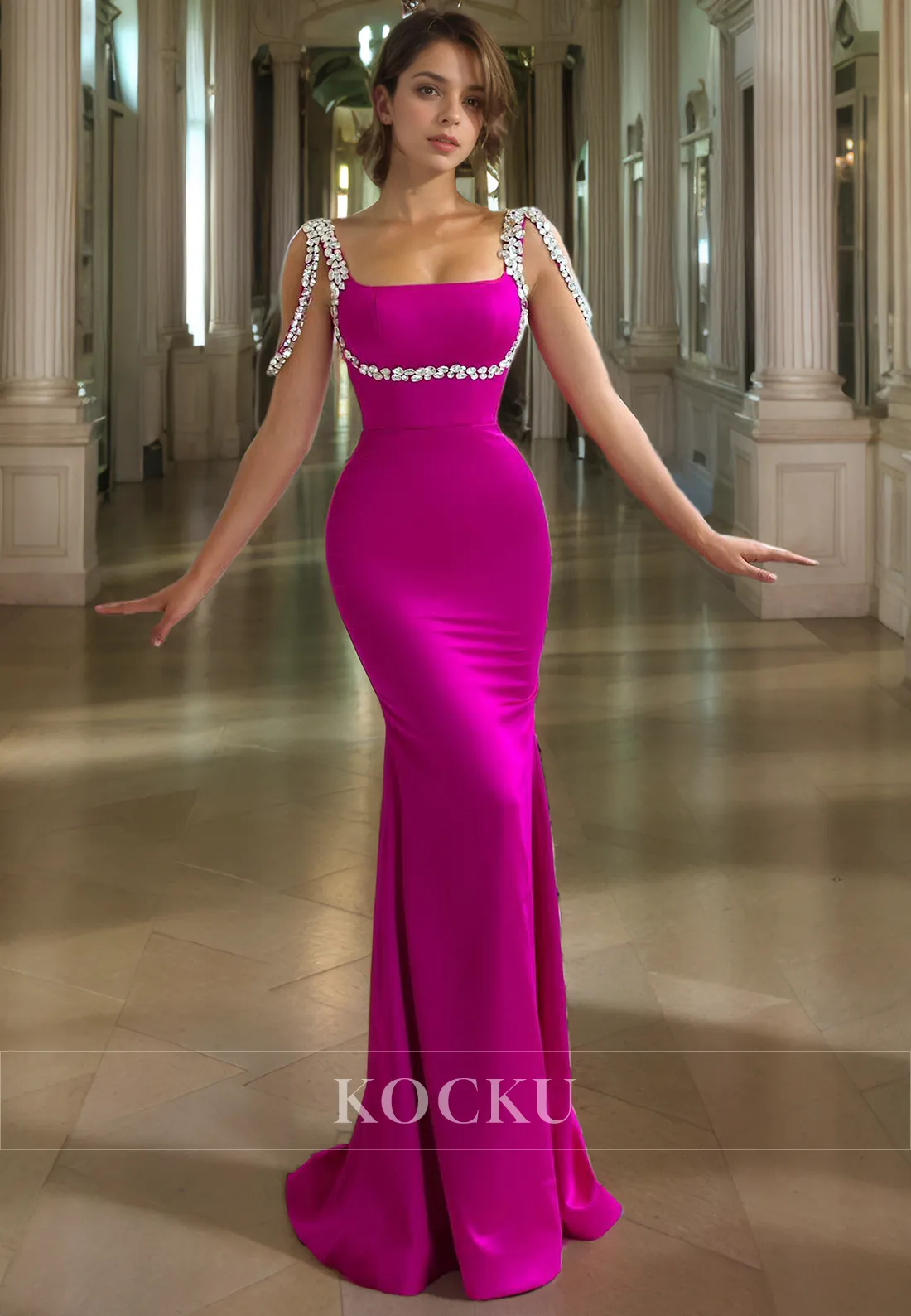 Elegant & Luxurious Rhinestone Straps Satin Evening Party Prom Dress