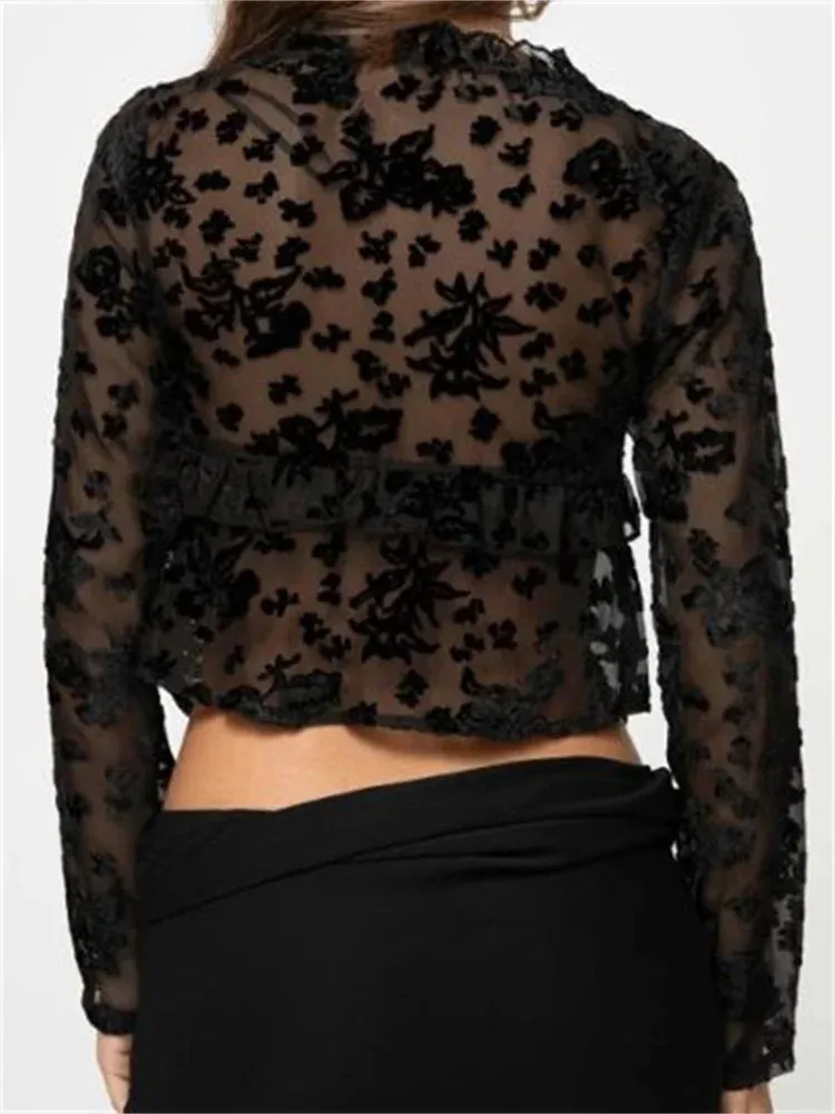 Elegant Long Sleeve Front Split Lace Women's Top - See-through Cropped Blouse