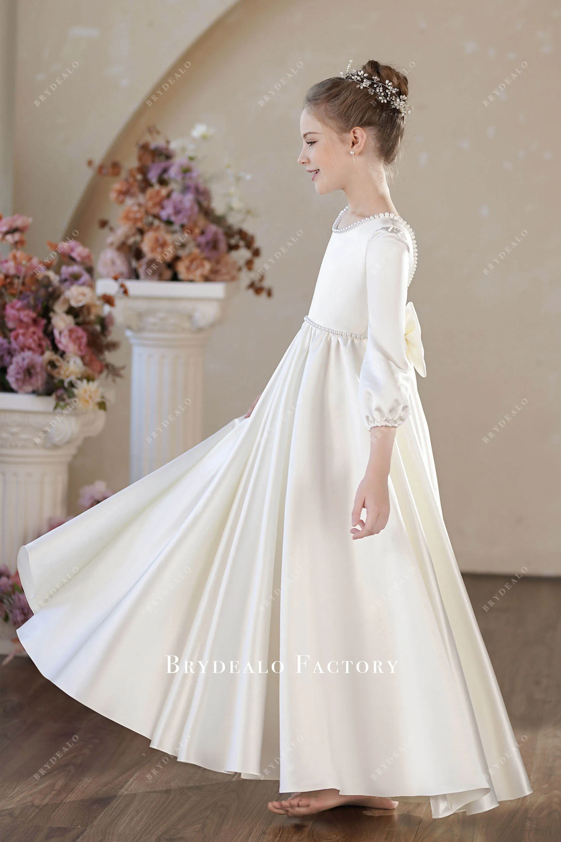 Elegant Pearl Neck Satin Floor Length Flower Girl Dress