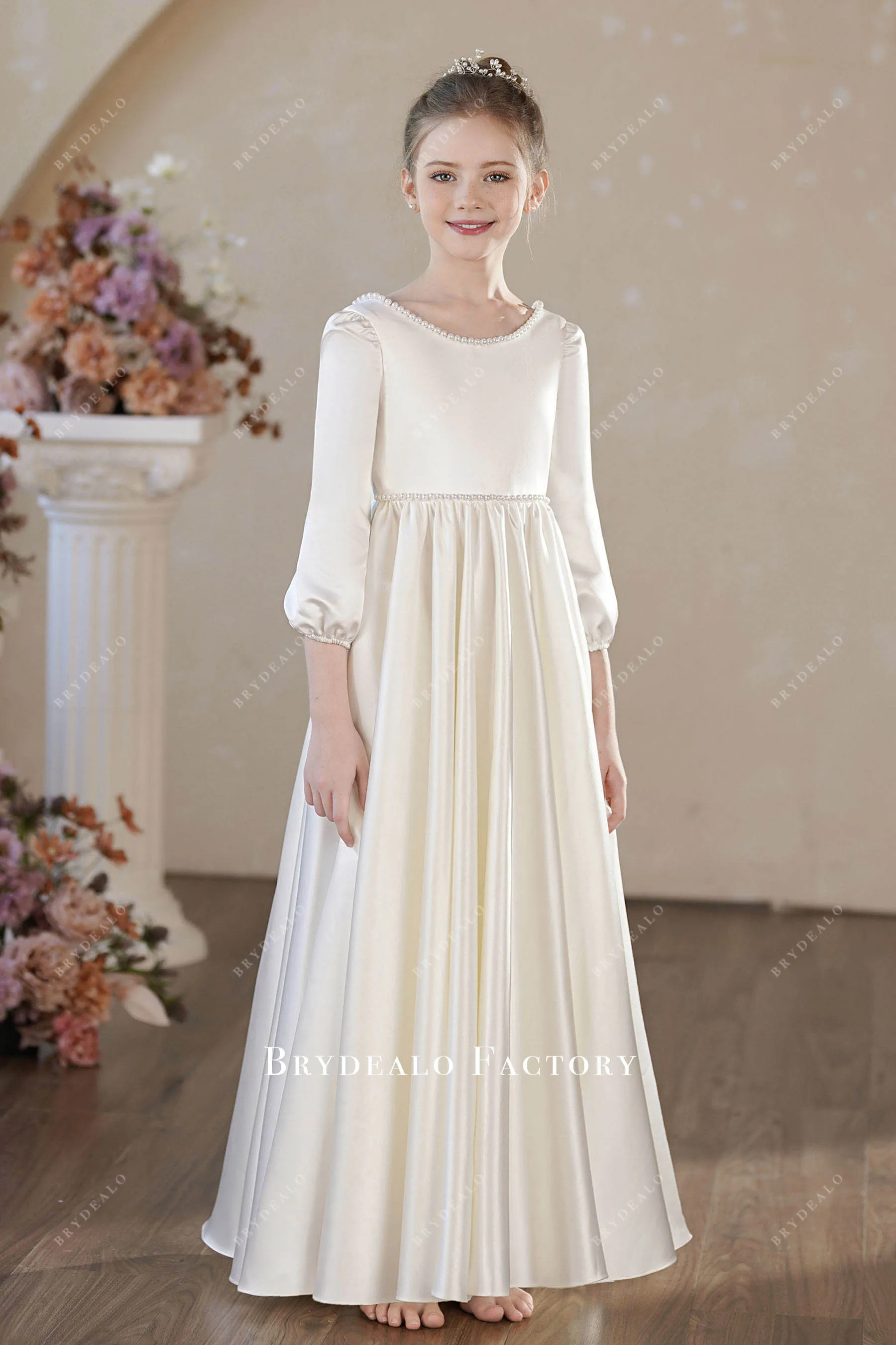 Elegant Pearl Neck Satin Floor Length Flower Girl Dress