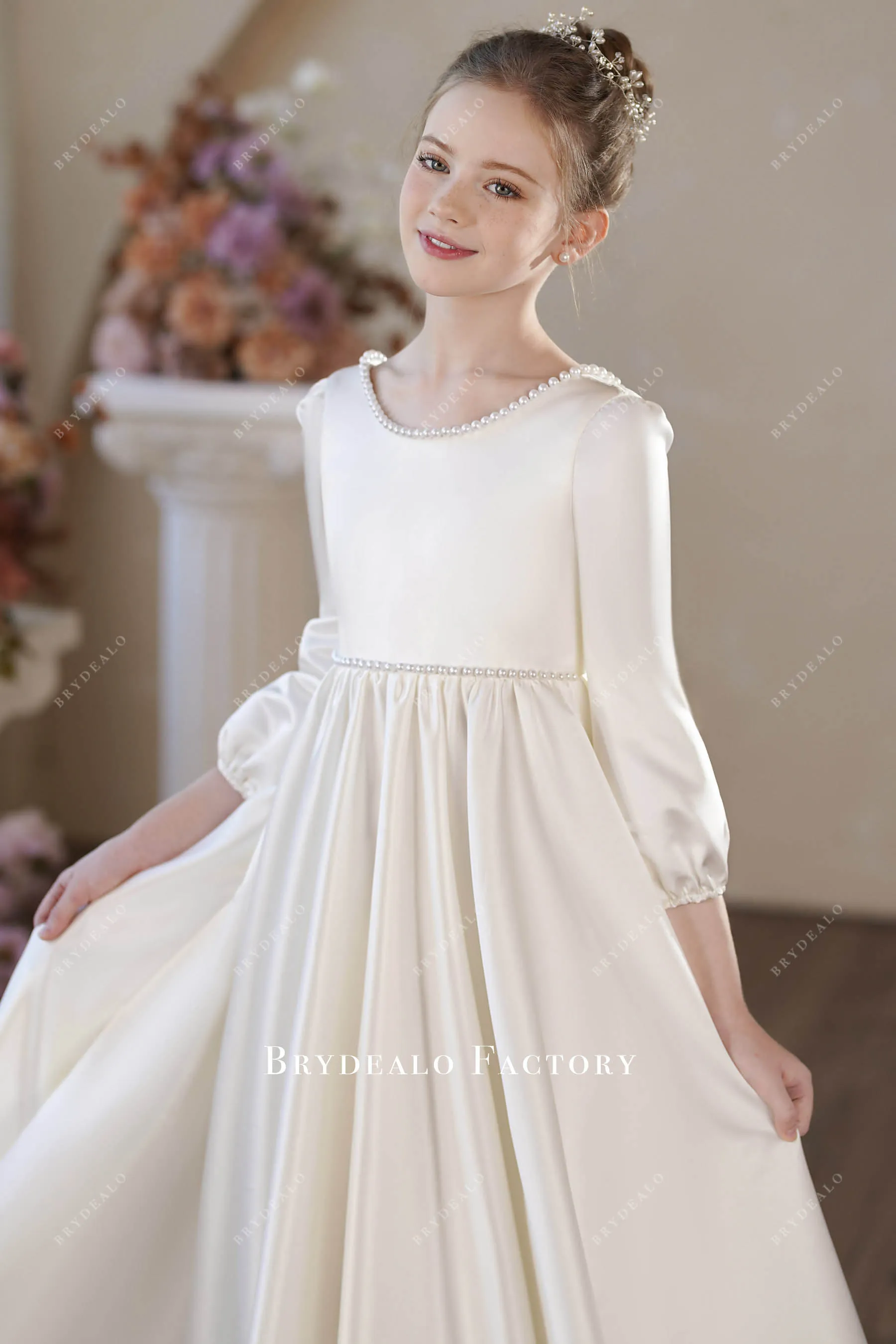 Elegant Pearl Neck Satin Floor Length Flower Girl Dress