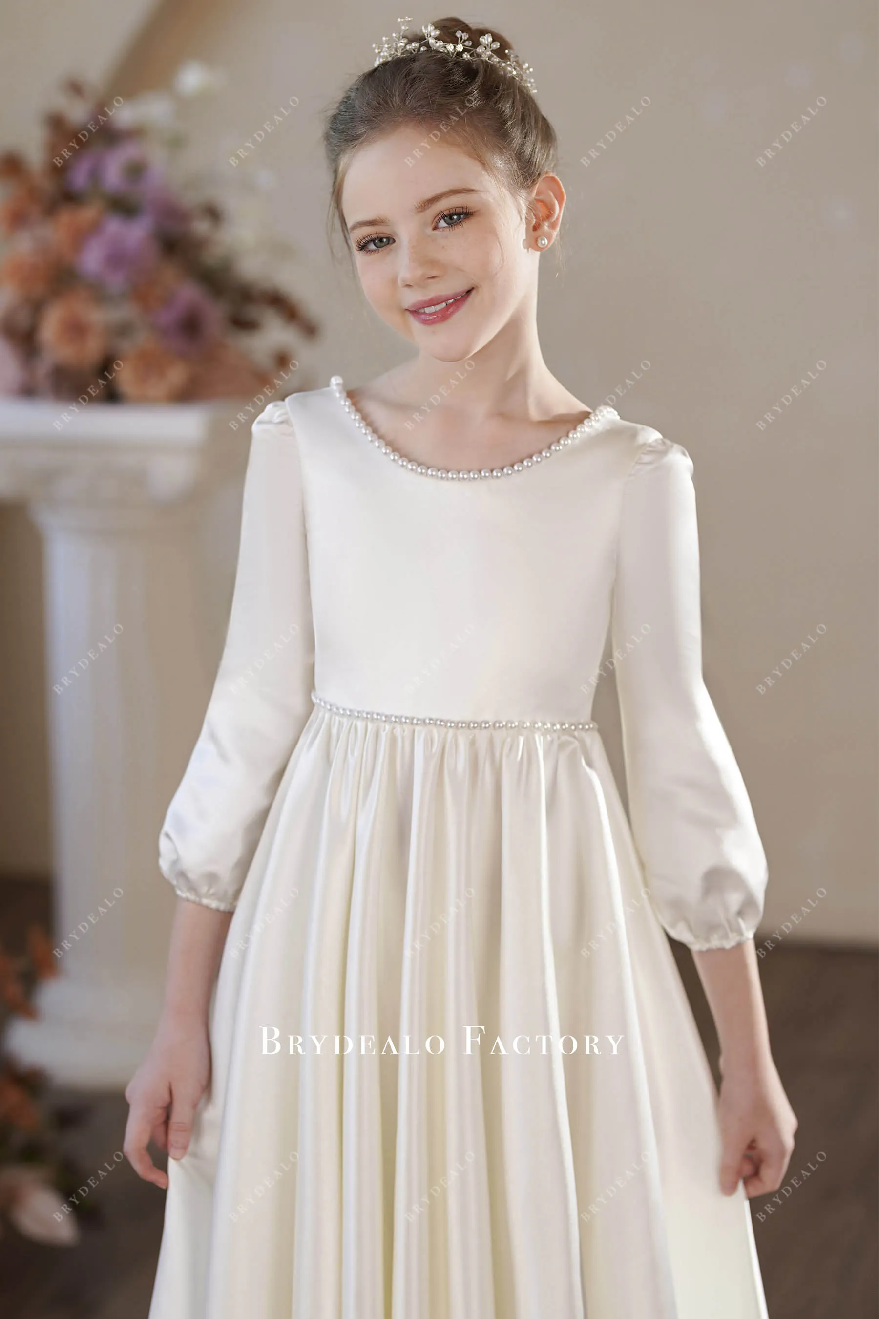 Elegant Pearl Neck Satin Floor Length Flower Girl Dress