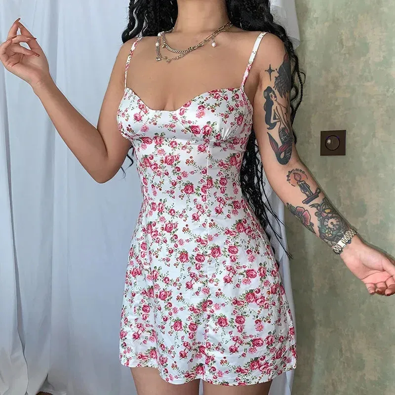 Elegant Women's Slim Large Backless Sleeveless Floral Dress for Sun Vacation