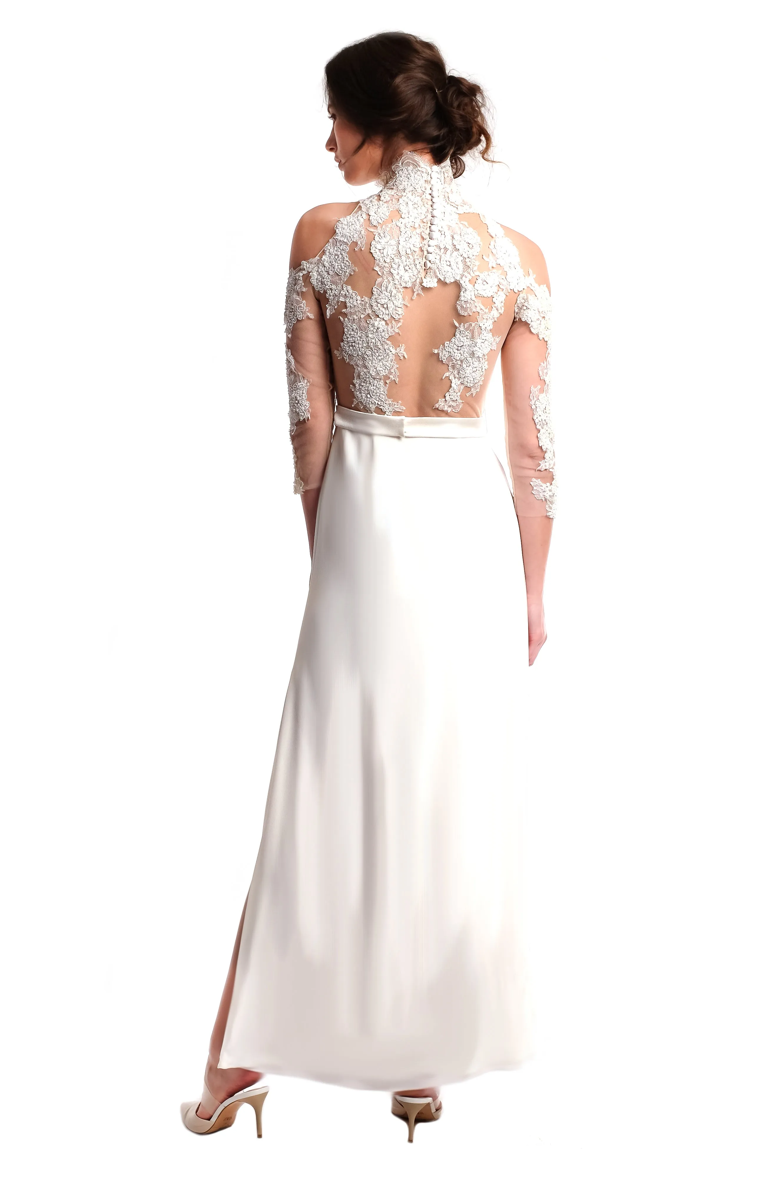 Elizabeth High-Neck Lace Slit Gown