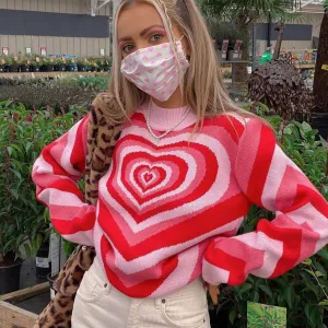 Fall in Love Heart Printed High Neck Pullover Sweater - Pink