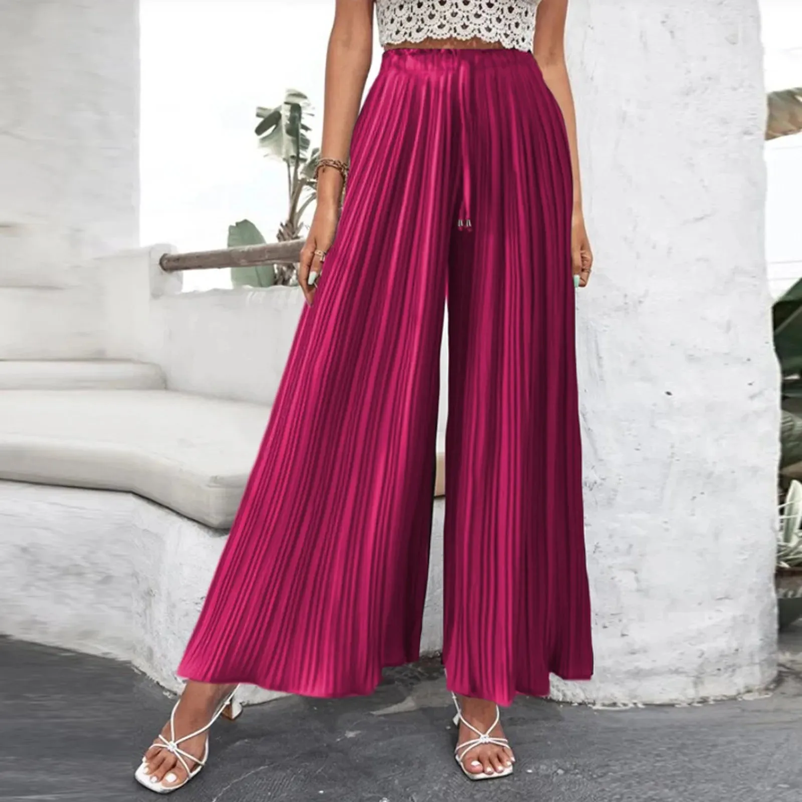 Fashion Pleat Wide Palazzo Casual High Waisted Loungewear Pant Smocked Pleated Loose Fit Trousers Women's Pants