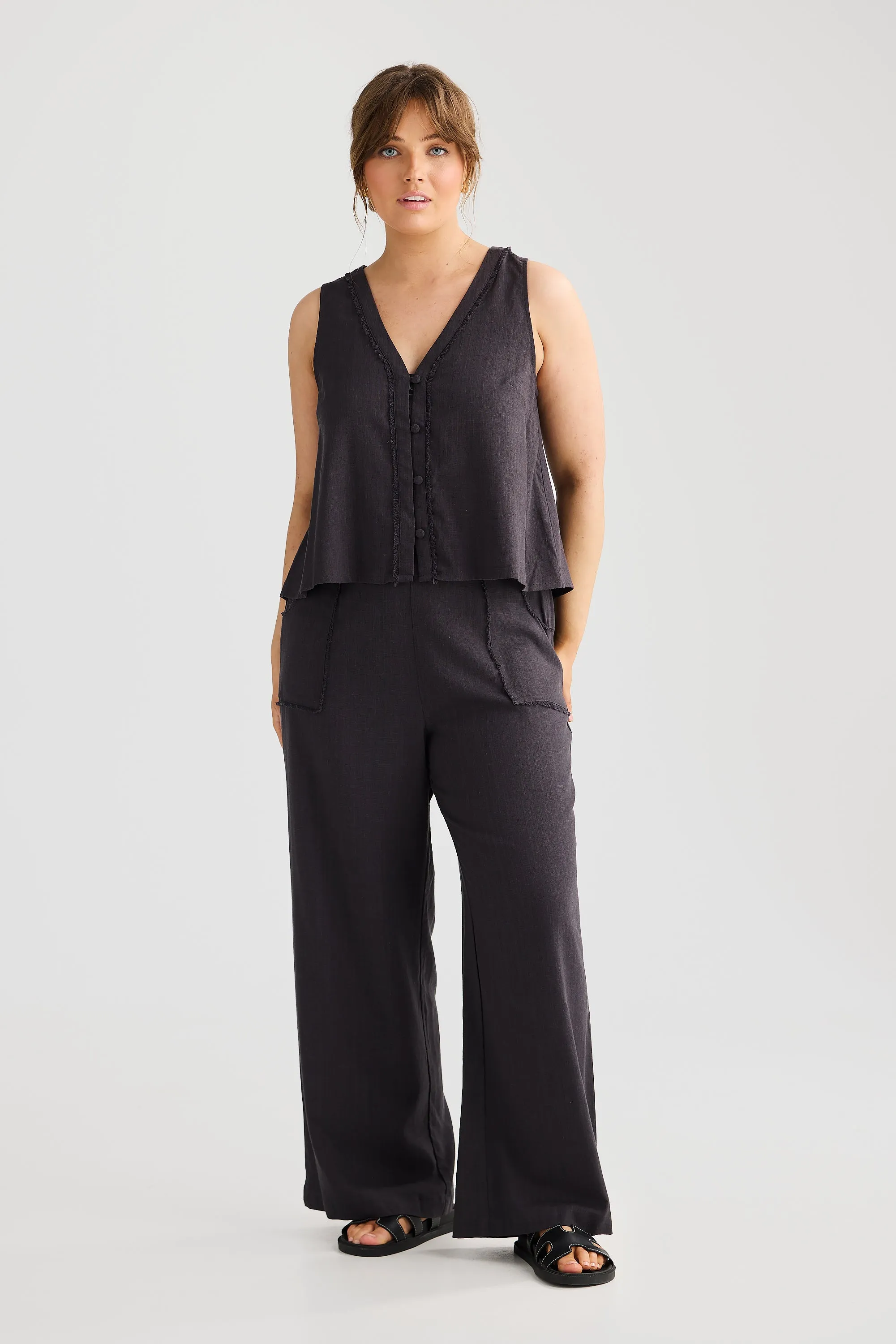 Fray Wide Leg Pants - Charcoal