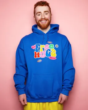 Free hugs, blue pullover hoodie.