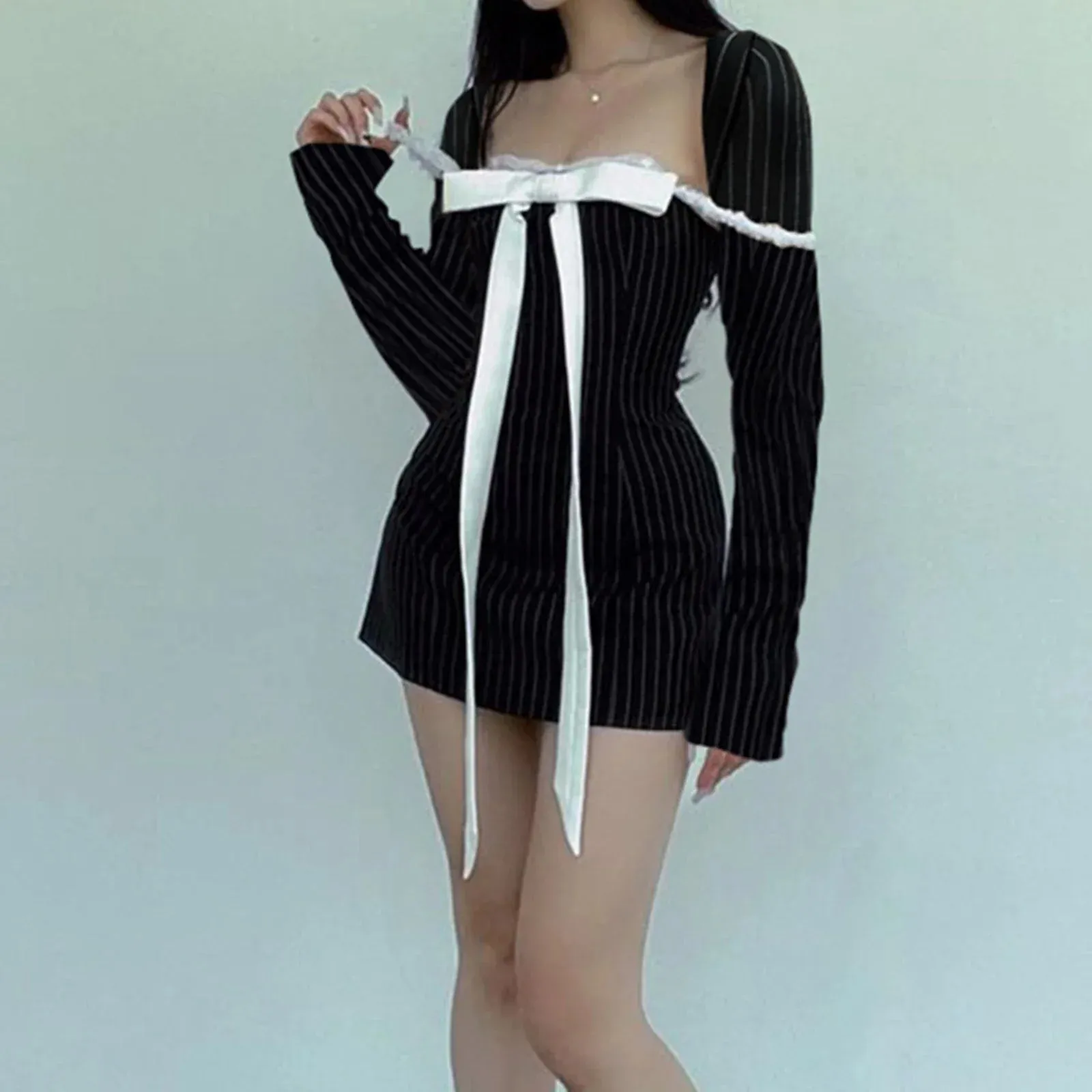 Front Bow Mini Sweet Girls Square Neck Long Sleeve Stripe Print A-Line 90s Vintage Aesthetic Streetwear Summer Kawaii Dress