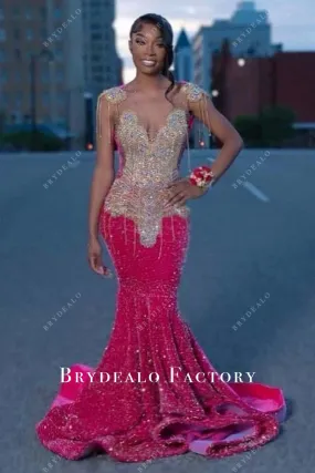 Fuchsia Sequin Gold Tassel Sparkly Mermaid Prom Dress