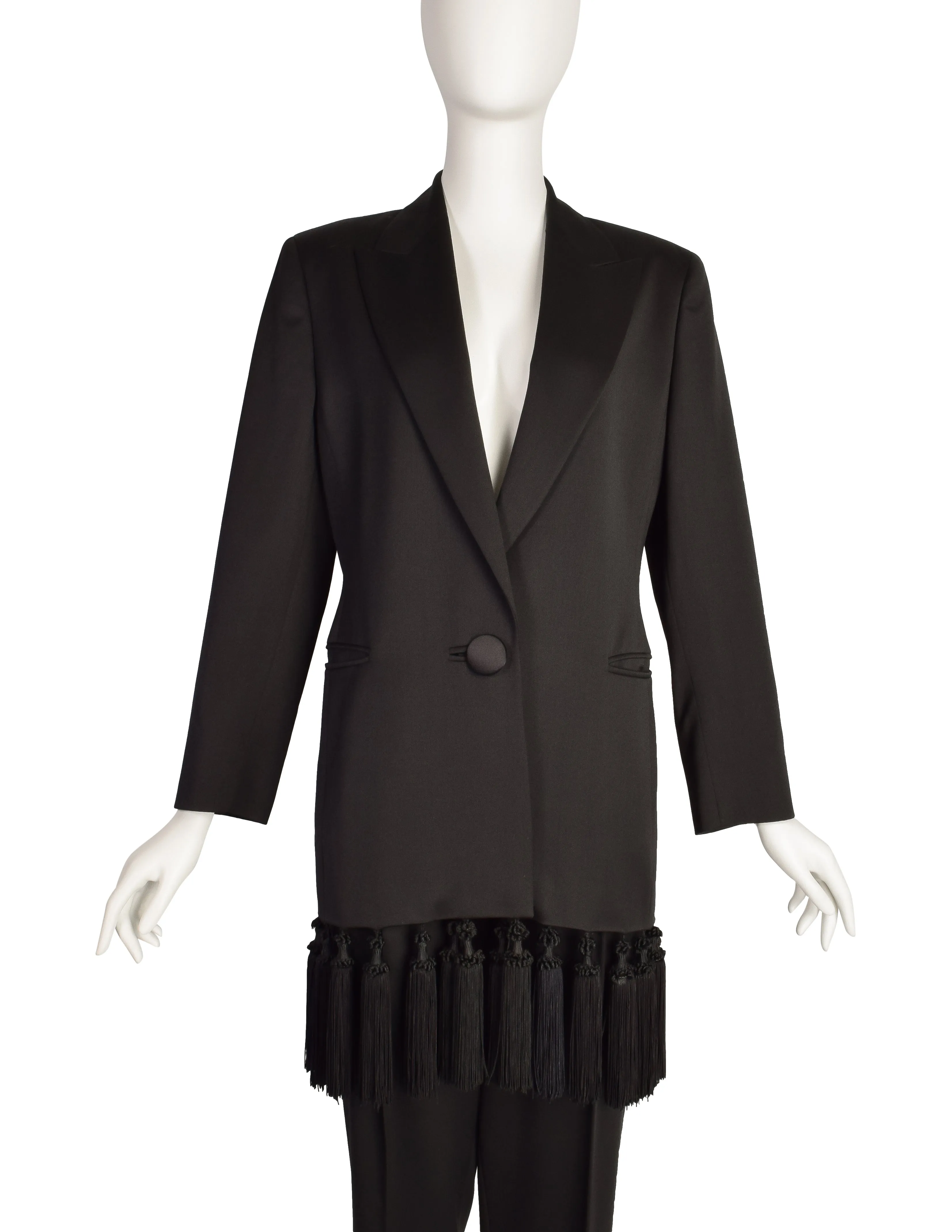 Genny Vintage Black Longline Tassel Blazer and Trouser Pant Suit