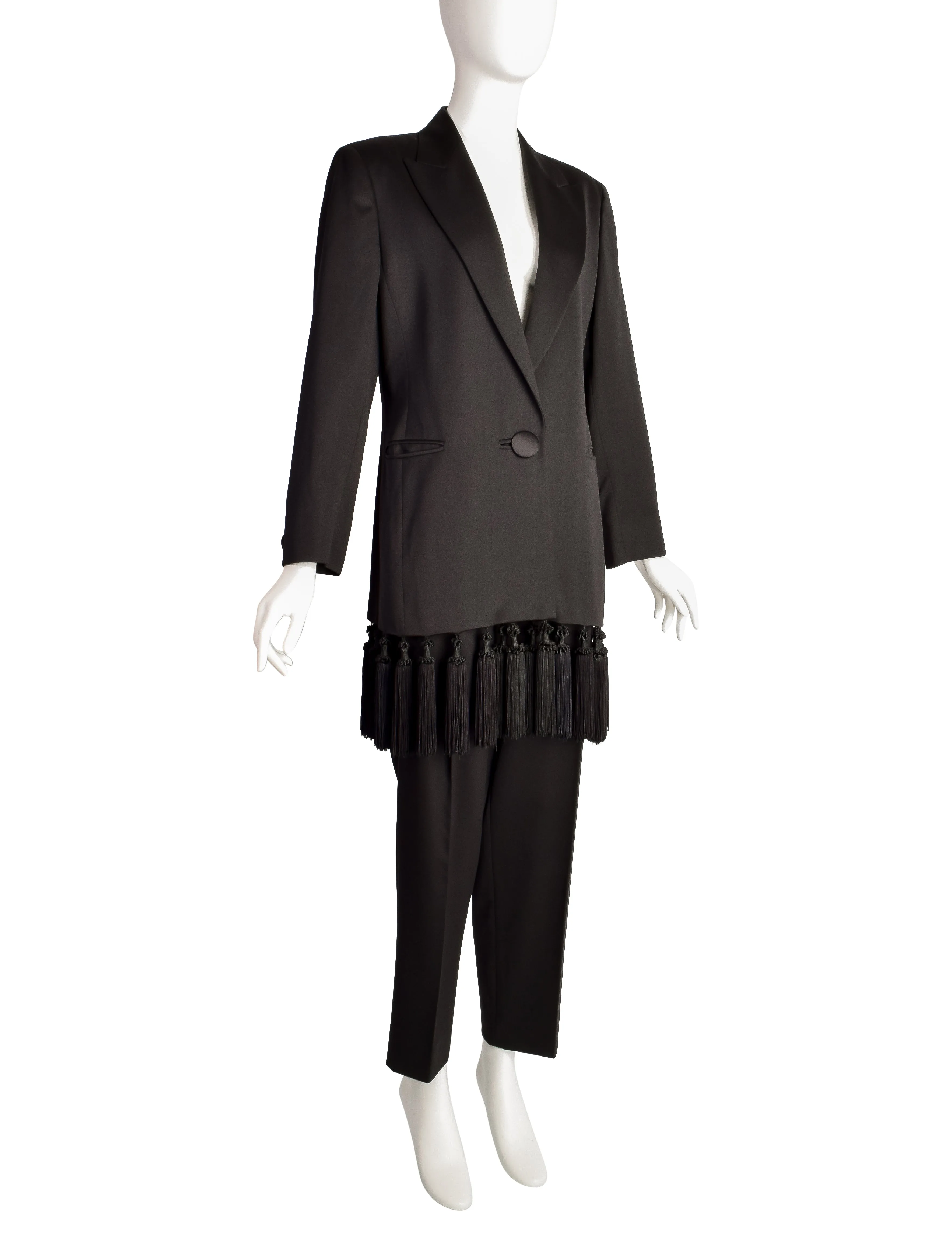 Genny Vintage Black Longline Tassel Blazer and Trouser Pant Suit