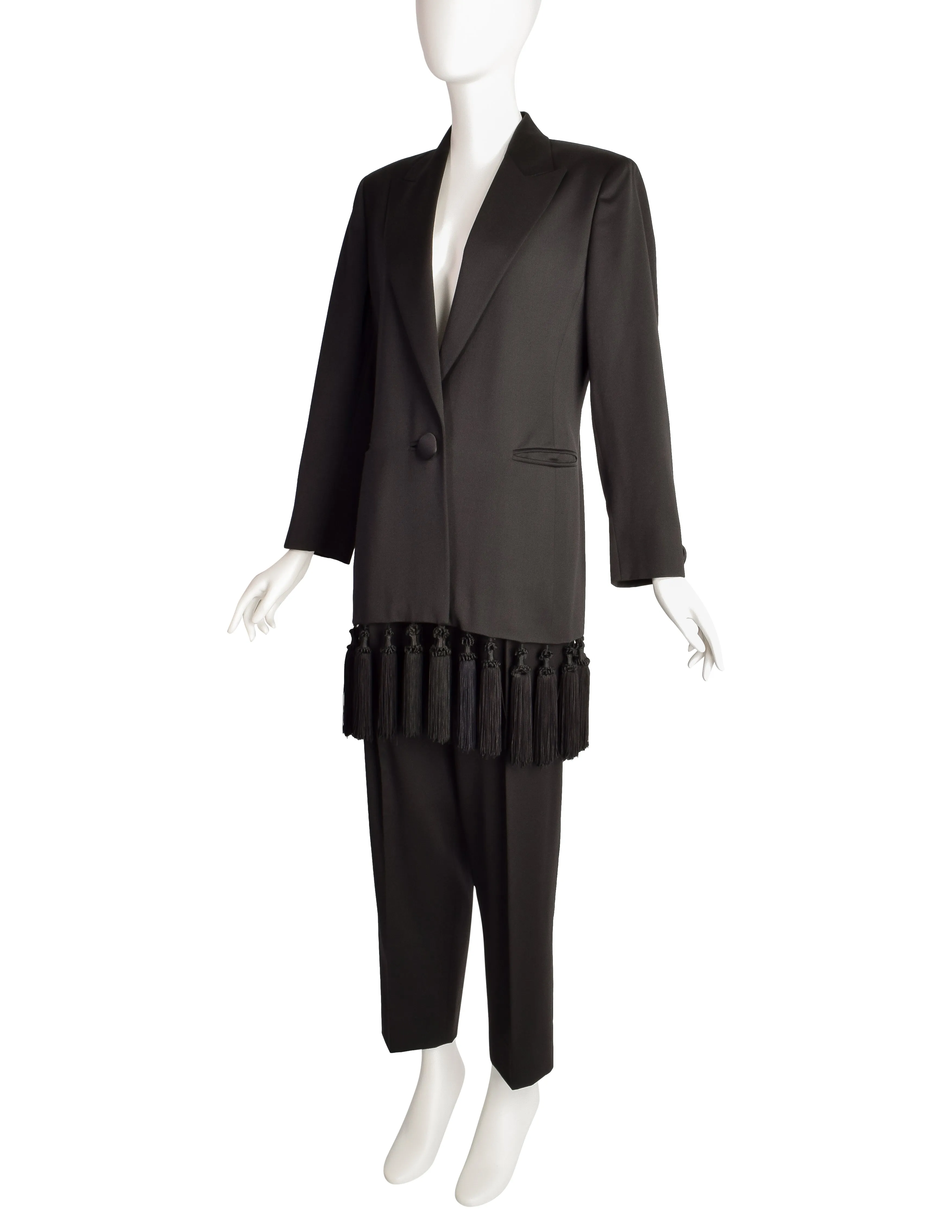 Genny Vintage Black Longline Tassel Blazer and Trouser Pant Suit