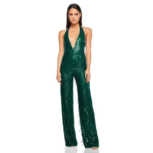 Glitter Sequin Fringe Plunge Backless Wide Leg Party Jumpsuit - Green