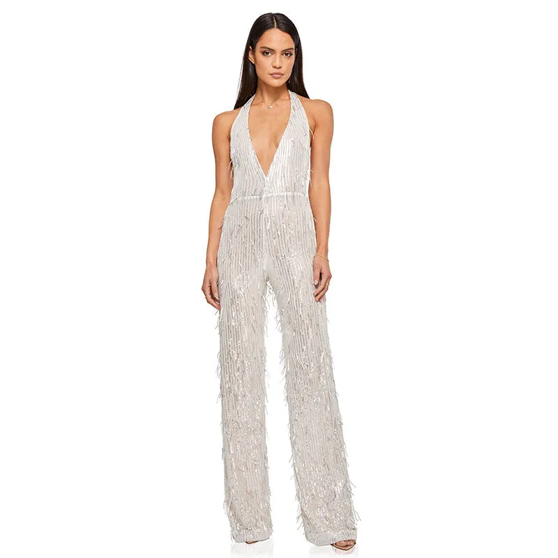 Glitter Sequin Fringe Plunge Backless Wide Leg Party Jumpsuit - Silver