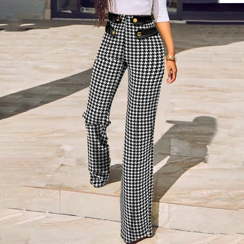 Graduation Gifts  2022 Autumn Casual Women Trousers Fashion Leggins Houndstooth Print Buttoned High Waist Wide Leg Tailored Pants