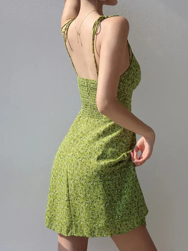 Green Slim Suspender Print Retro Fit Summer A-Line Lace-Up Dress