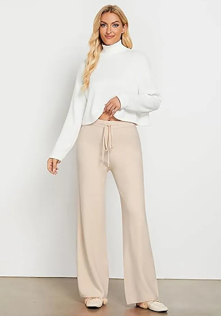 Heather Sand  Women's Full-Length Wide Leg Stretch Casual Pants Elastic Waist Relaxed Fit