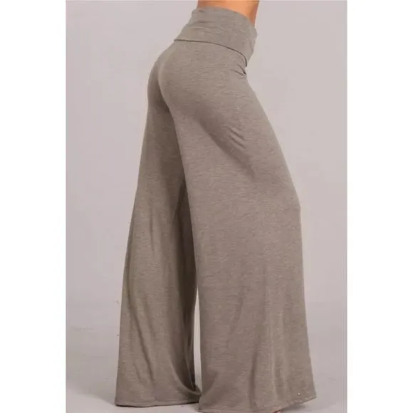 Heather Taupe Casual Wide Leg Solid High Foldover Waist Palazzo Casual Womens Pant