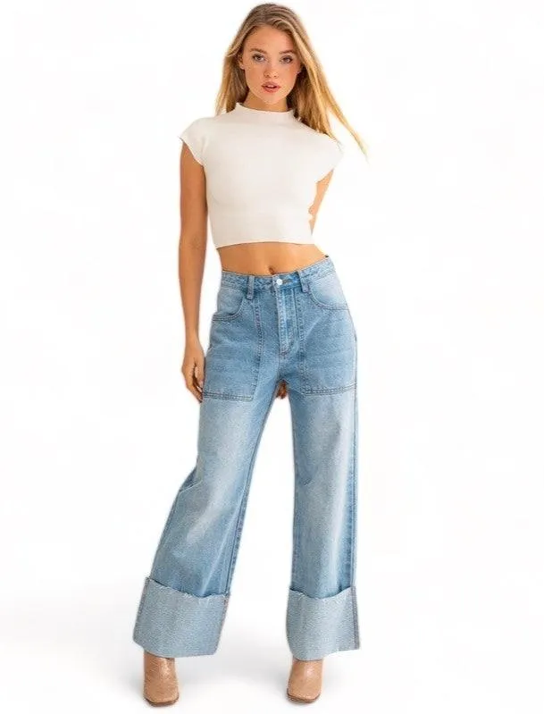 High Waisted Wide Leg Cuffed Jeans