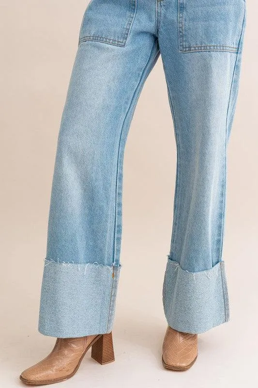 High Waisted Wide Leg Cuffed Jeans