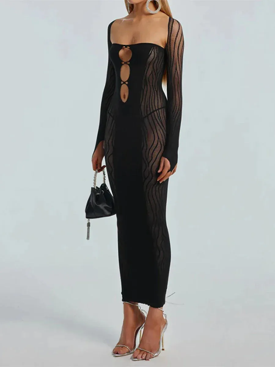 Hollow Out Long Strapless Backless Bodycon Sheer Long Sleeve Shrug Club Streetwear Summer Sexy Dress