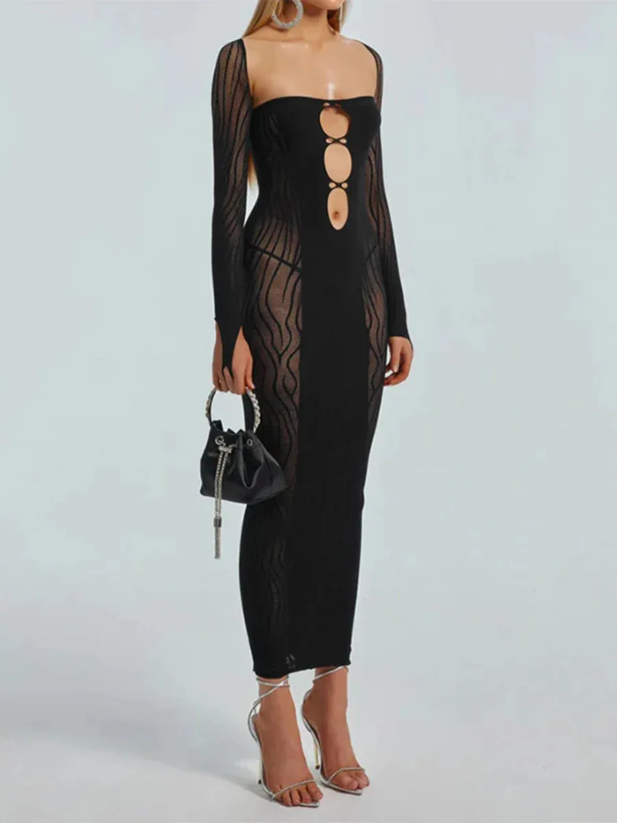 Hollow Out Long Strapless Backless Bodycon Sheer Long Sleeve Shrug Club Streetwear Summer Sexy Dress