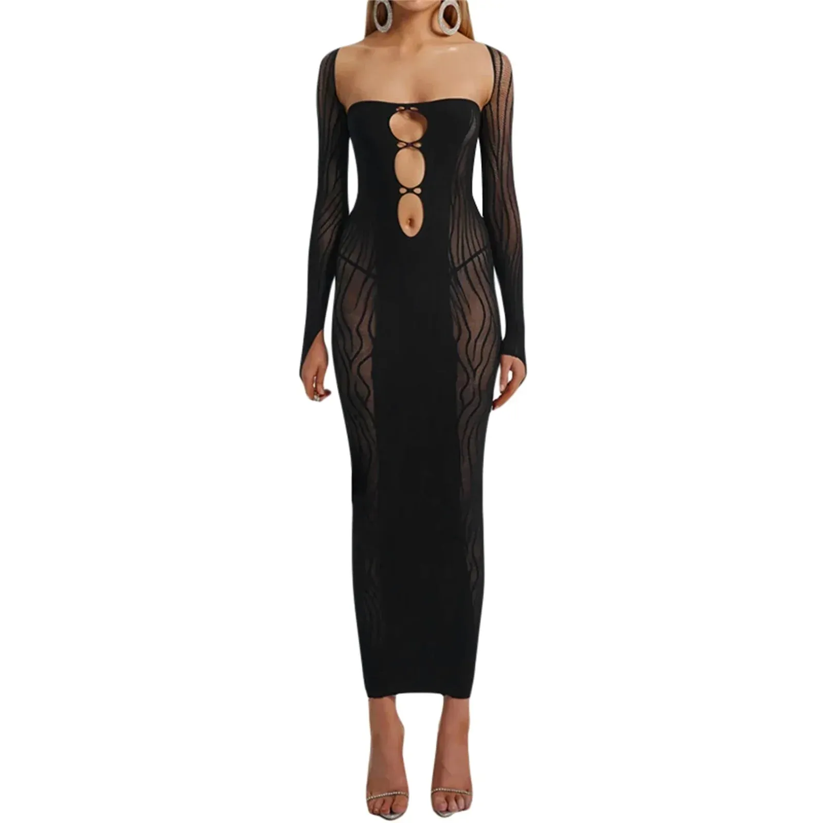 Hollow Out Long Strapless Backless Bodycon Sheer Long Sleeve Shrug Club Streetwear Summer Sexy Dress