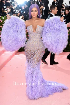 Kylie Jenner Lilac Feather Mermaid Celebrity Dress 2019 Met Gala