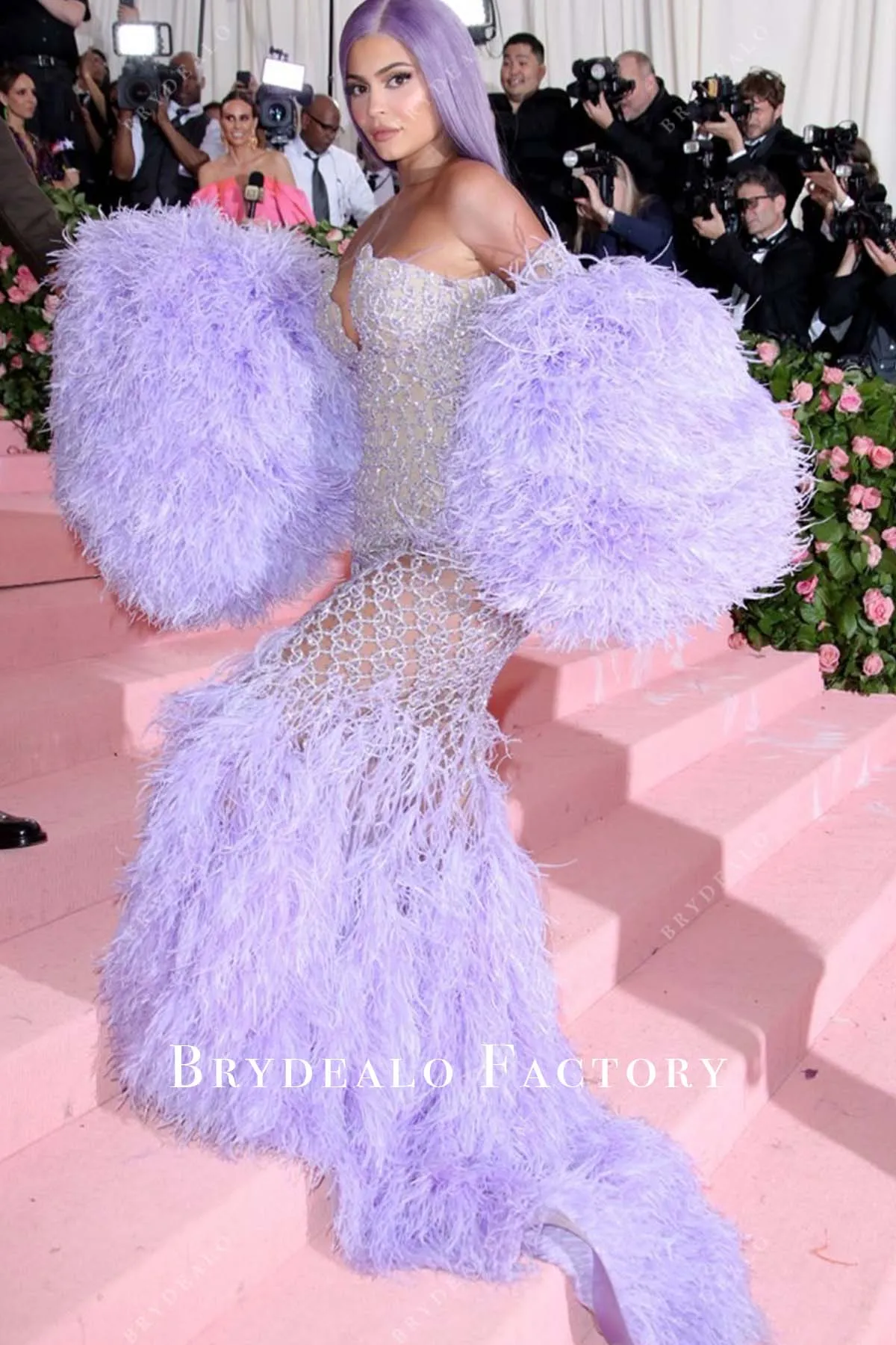 Kylie Jenner Lilac Feather Mermaid Celebrity Dress 2019 Met Gala