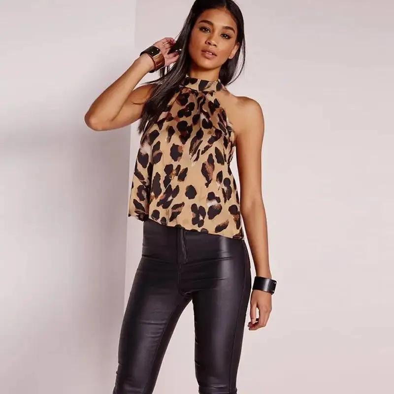 Leopard Print Halter Sleeveless Summer Blouse