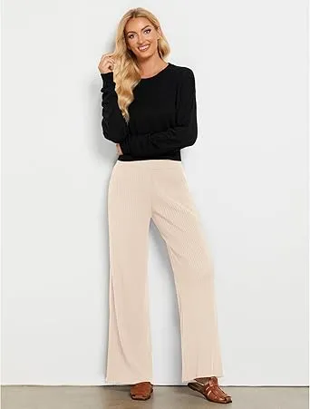 Light Beige Women's Casual Elastic Waist Full Length High Waisted Relaxed Fit Stretch Wide Leg Pants in Acrylic Fibers