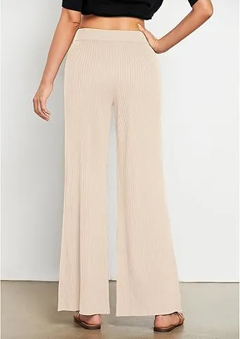 Light Beige Women's Casual Elastic Waist Full Length High Waisted Relaxed Fit Stretch Wide Leg Pants in Acrylic Fibers