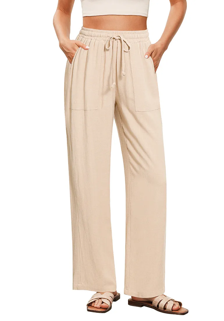 Light Beige Women's Lounge Elastic Waist Pants with Pockets Soft Quick Dry Wide Leg