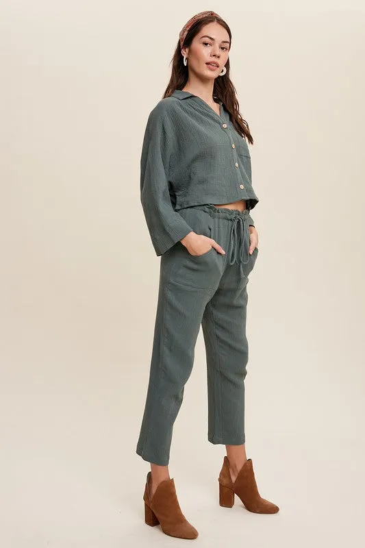 Long Sleeve Button Down and Long Pants Sets // Mocha or Hunter Green