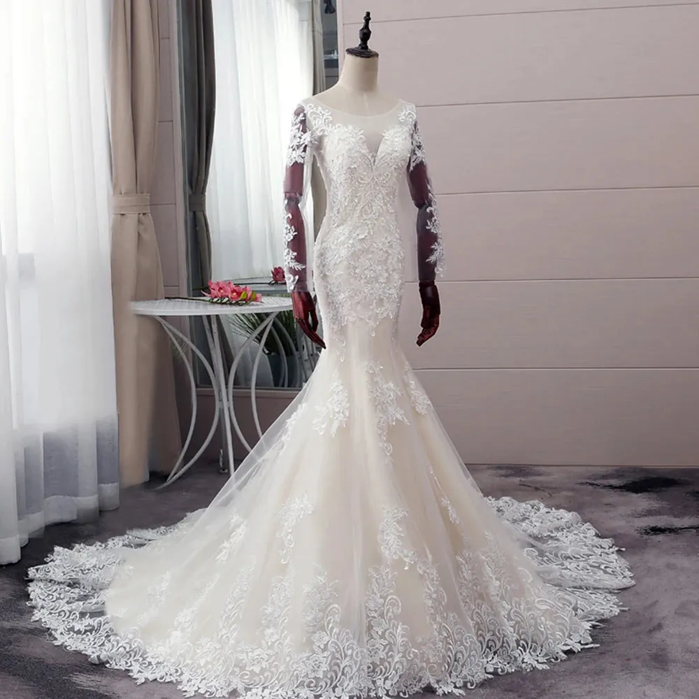 Long Sleeve Mermaid Wedding Dress Luxury Pearls Tulle Open Back Bridal Dress