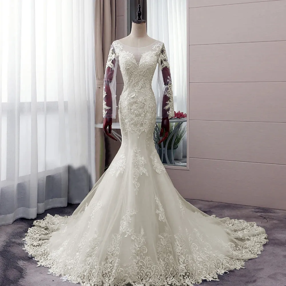 Long Sleeve Mermaid Wedding Dress Luxury Pearls Tulle Open Back Bridal Dress