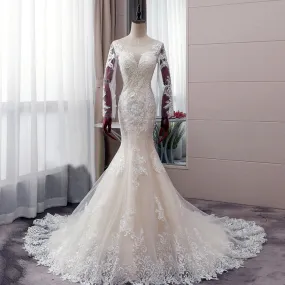 Long Sleeve Mermaid Wedding Dress Luxury Pearls Tulle Open Back Bridal Dress