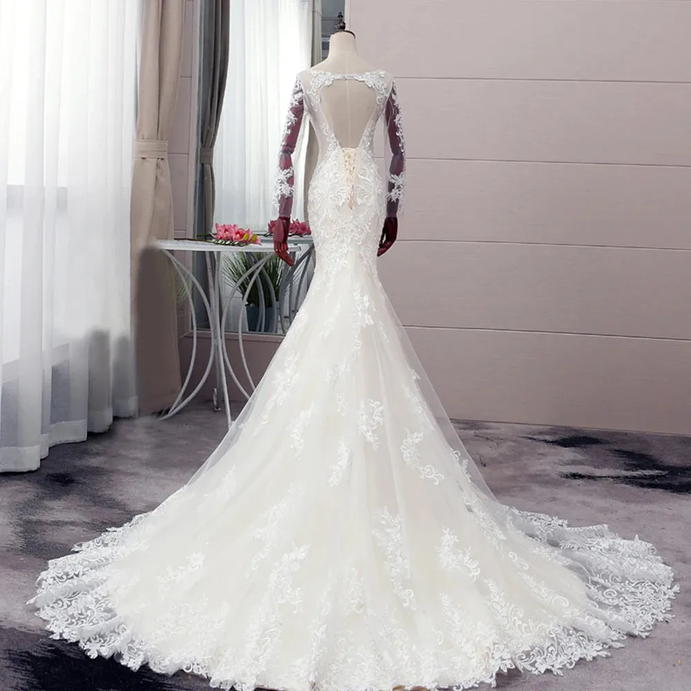 Long Sleeve Mermaid Wedding Dress Luxury Pearls Tulle Open Back Bridal Dress