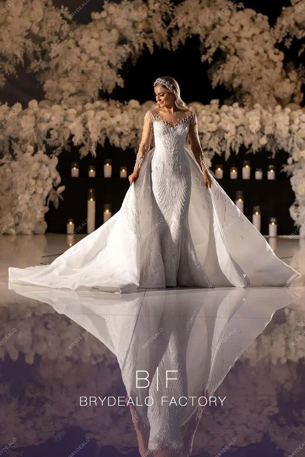 Luxury beaded Illusion Neck Sheer Sleeve Mermaid Bridal Dress with Overskirt