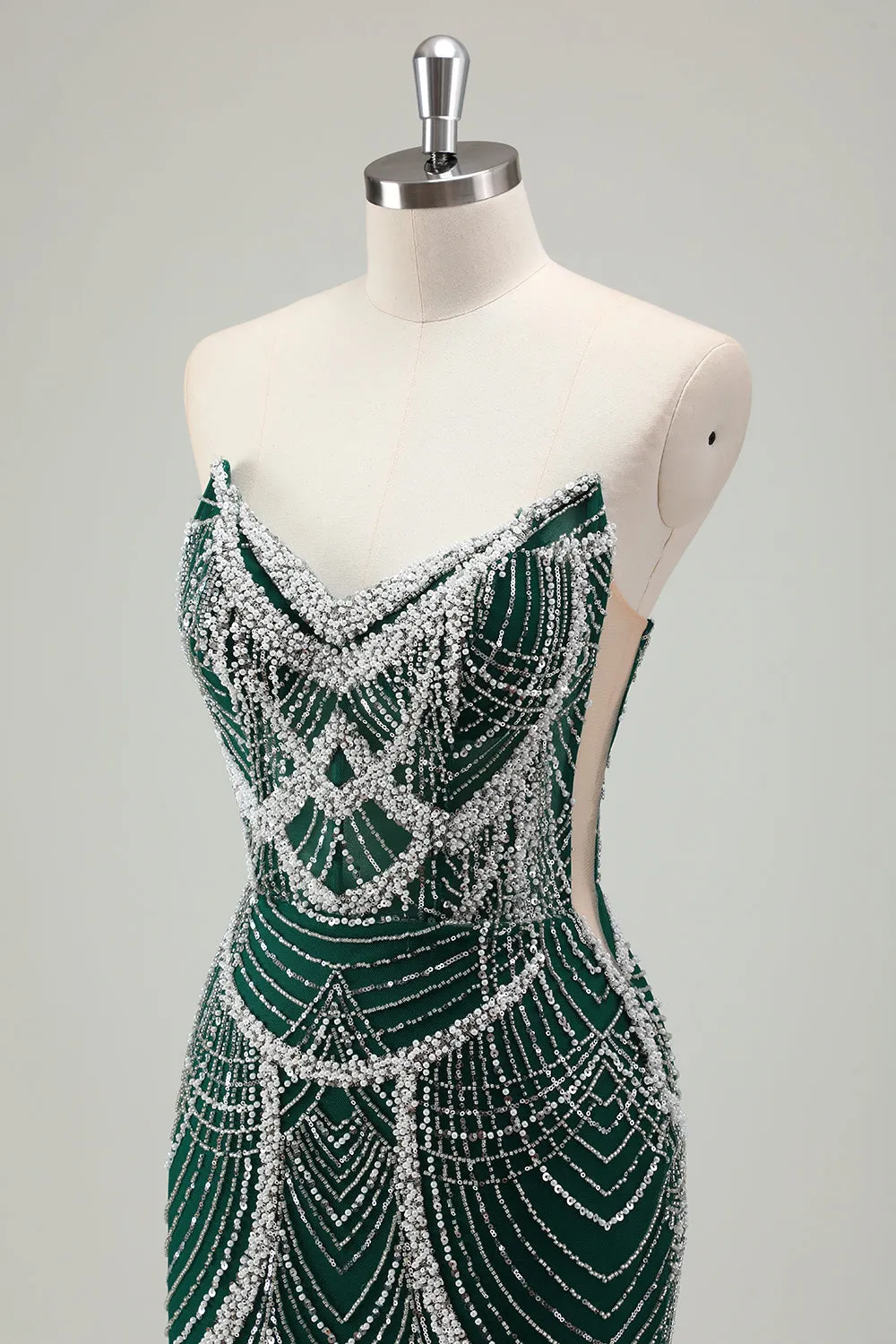 Luxury Dark Green Beading Strapless Mermaid Prom Dress