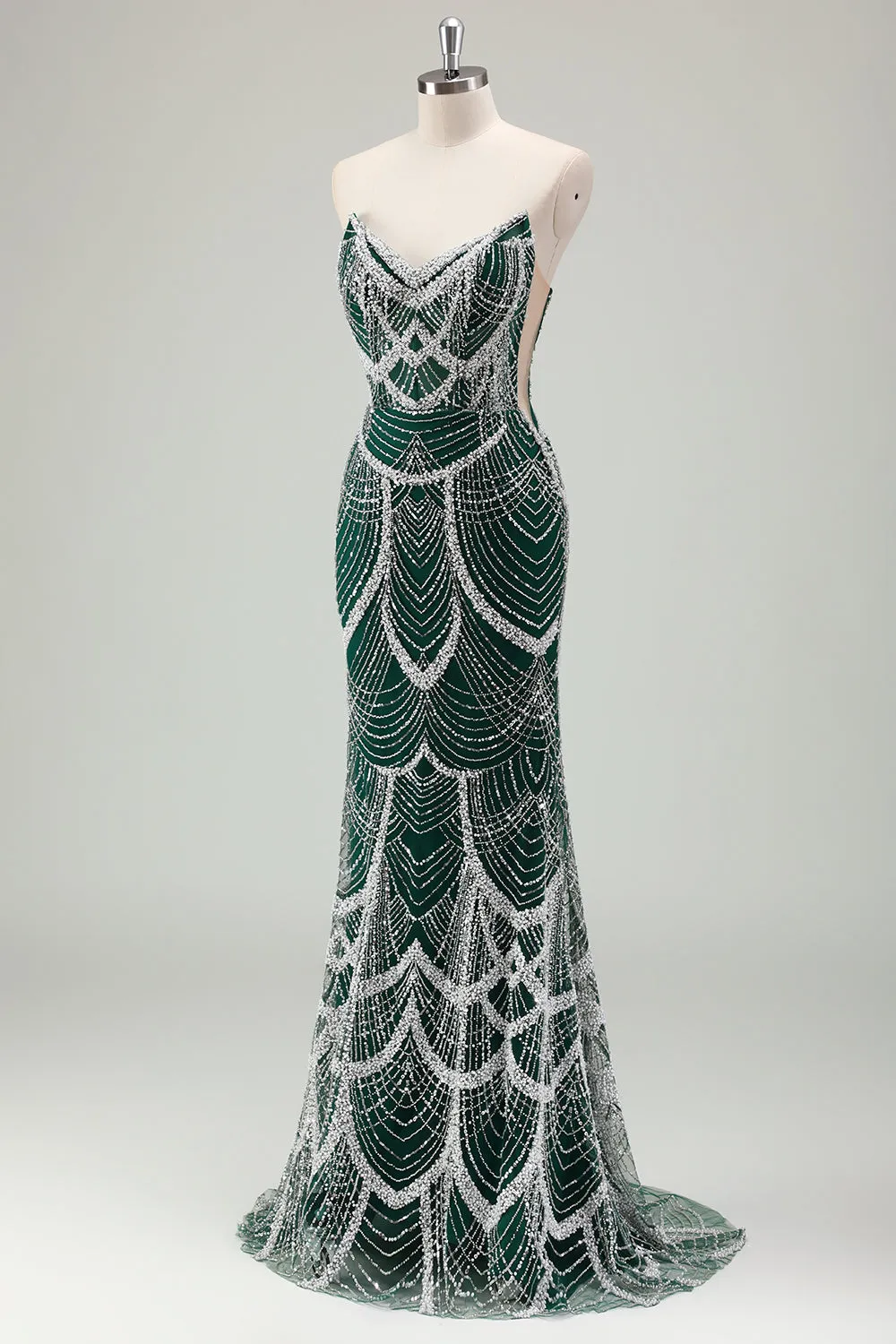 Luxury Dark Green Beading Strapless Mermaid Prom Dress