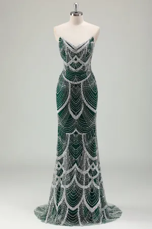 Luxury Dark Green Beading Strapless Mermaid Prom Dress