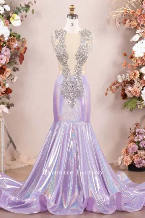 Luxury Galaxy Lilac Rhinestone Mermaid Stretchy Prom Dress