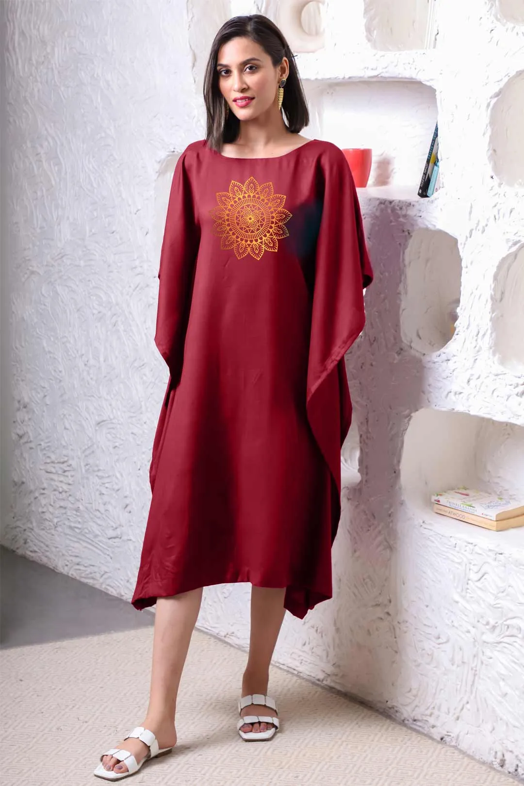 Maroon Rayon Long-Kaftan - Wheel