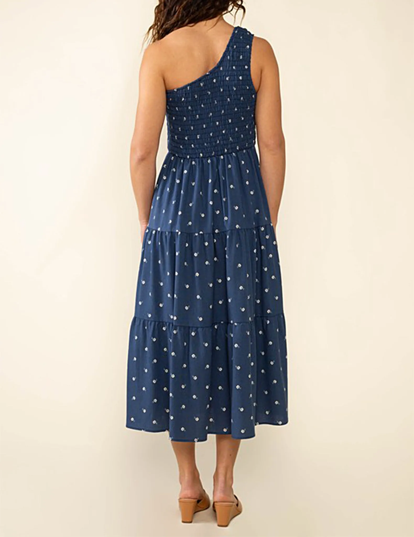 May One Shoulder Navy Floral Midi Dress