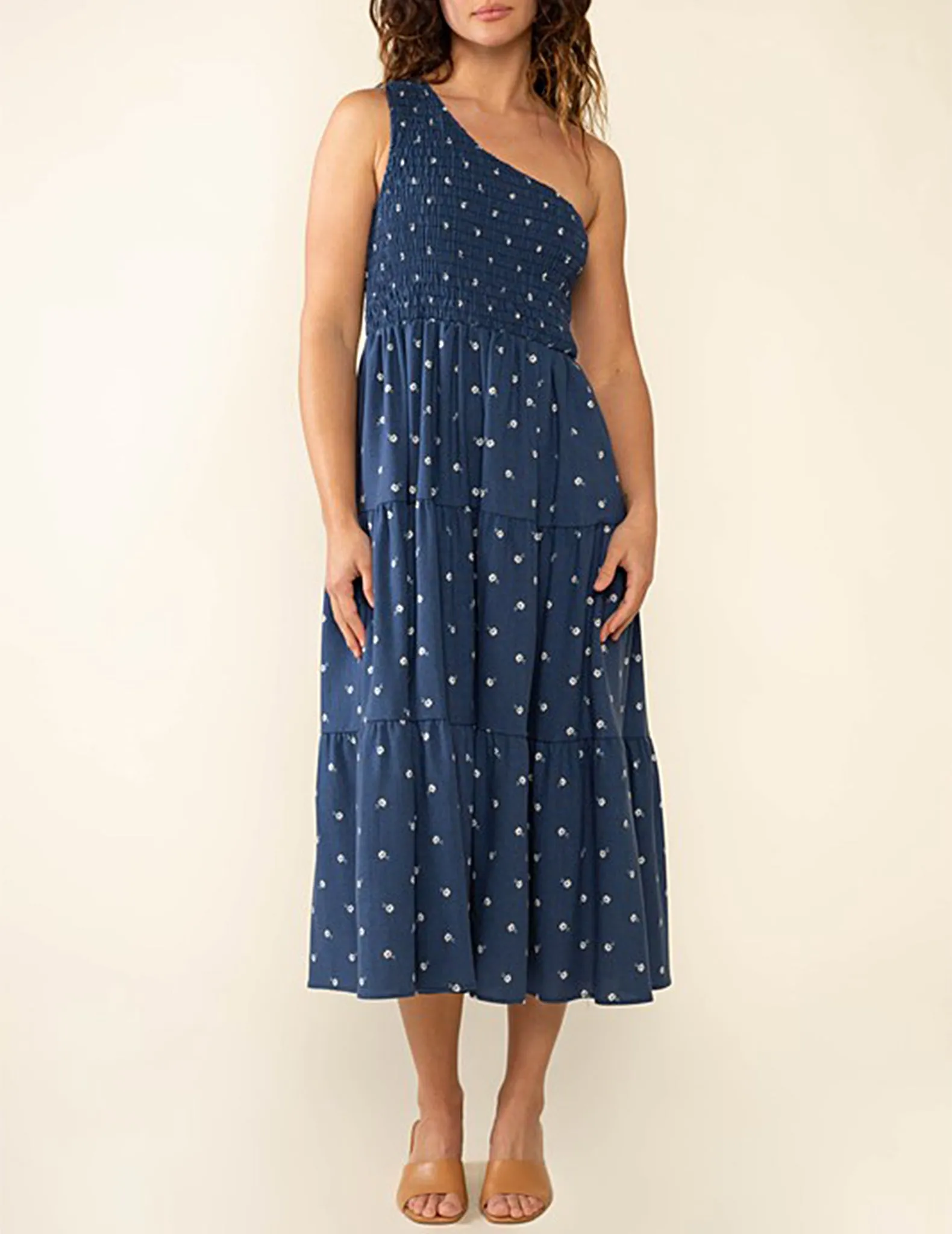 May One Shoulder Navy Floral Midi Dress