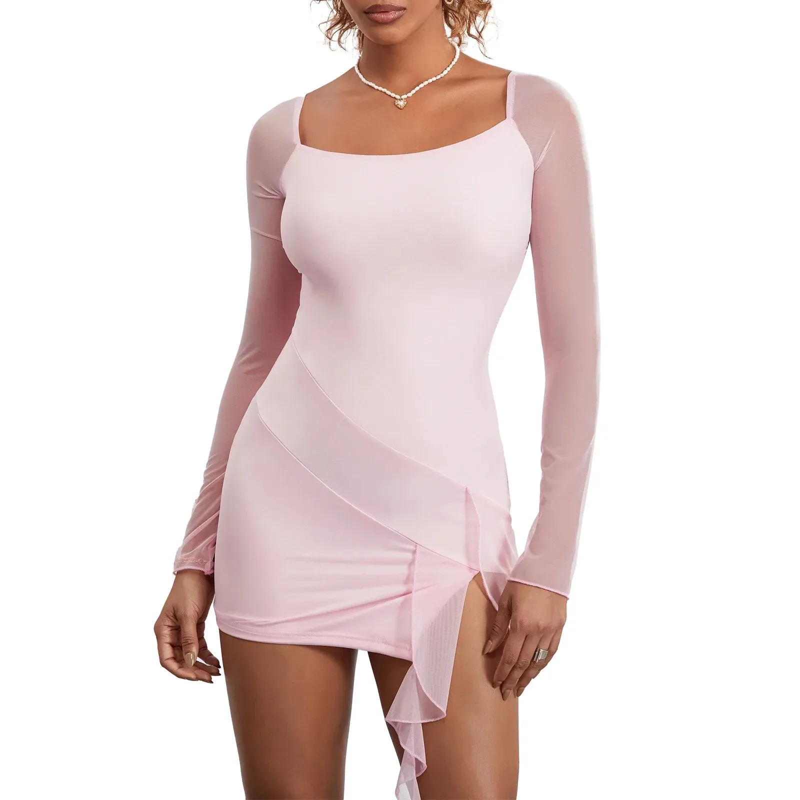 Mesh Long Sleeve Basics Solid Ruffled Tassels Backless Beach Cocktail Club Streetwear Casual Women Dress