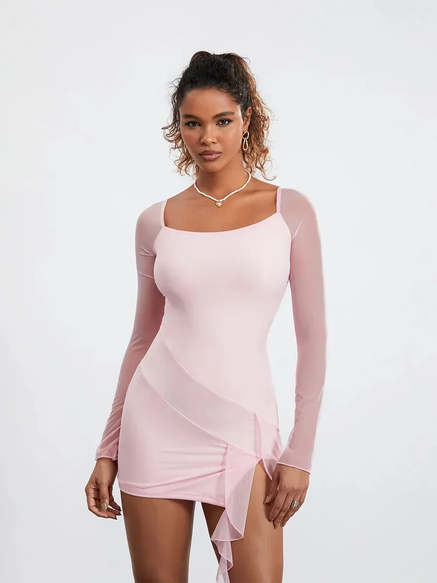 Mesh Long Sleeve Basics Solid Ruffled Tassels Backless Beach Cocktail Club Streetwear Casual Women Dress